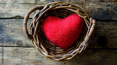 A Stuffed Heart in a Wicker Basket from Overhead with Clean Lines and Pastel Colors