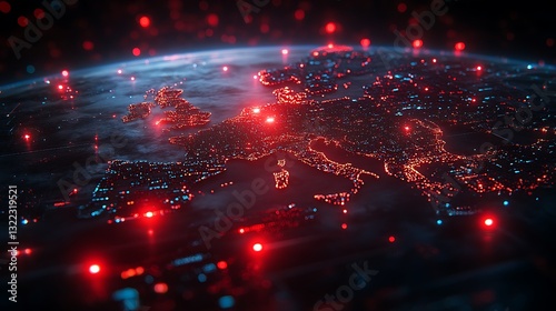 Futuristic depiction of cyber warfare targeting Europe with red alert indicators and an abstract global network