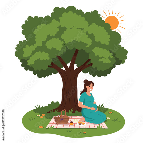 Pregnant woman enjoying picnic under a large tree in flat vector art