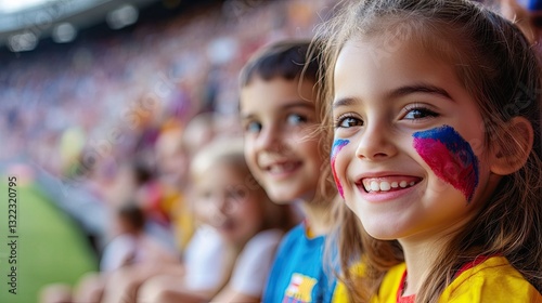 A family at the stadium, the children's faces painted in the team's colors. 