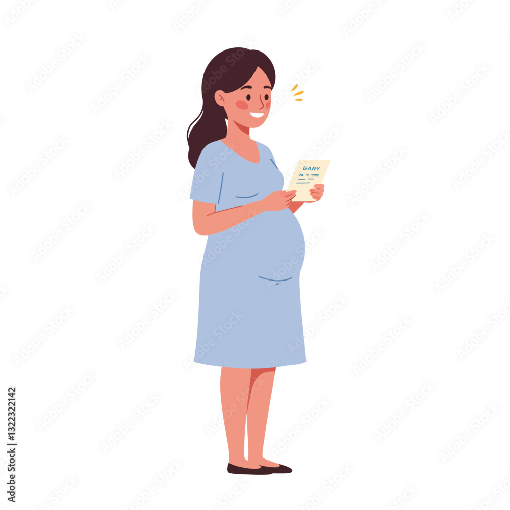 Pregnant woman smiling while holding a card in flat vector art Pregnant woman smiling while holding a card in flat vector art