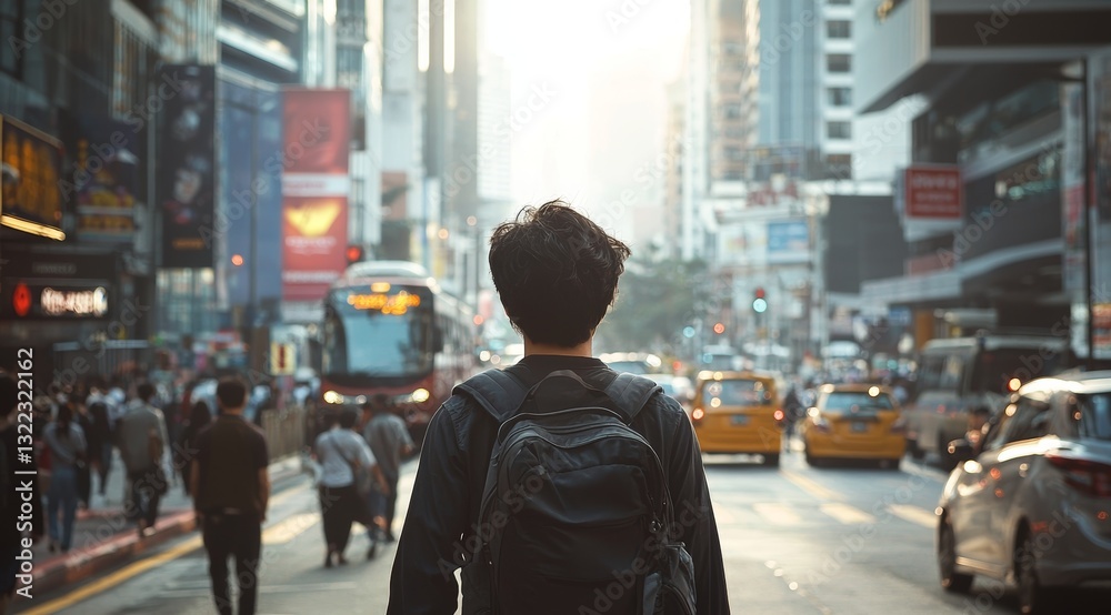 A Young Asian Man Walking Down a Busy City Street Alone A Young Asian Man Walking Down a Busy City Street Alone
