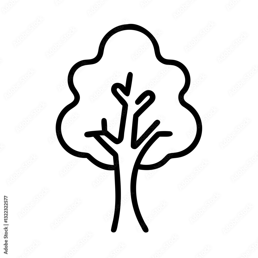 Simple black line drawing of tree outline on white background Simple black line drawing of tree outline on white background