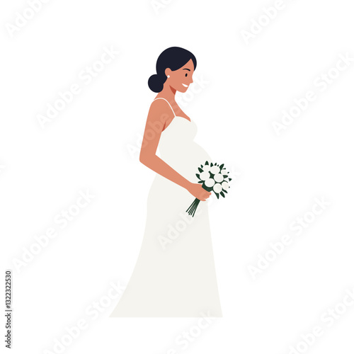 Elegant pregnant woman in wedding dress holding bouquet in minimal vector art