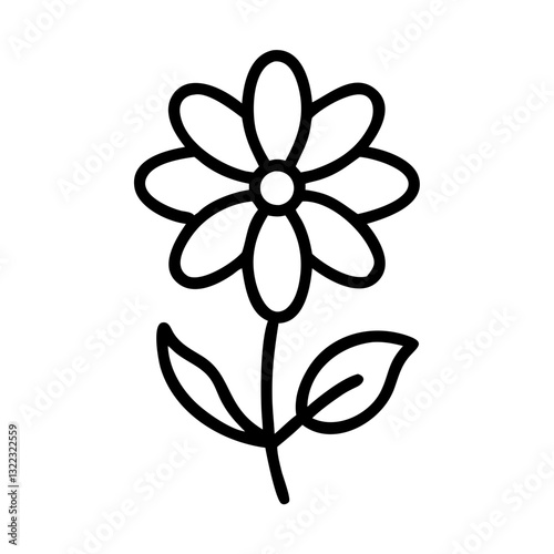 Black and white floral line art illustration with eight-petal flower and two leaves