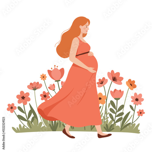 Pregnant woman walking through blooming flowers in flat vector art