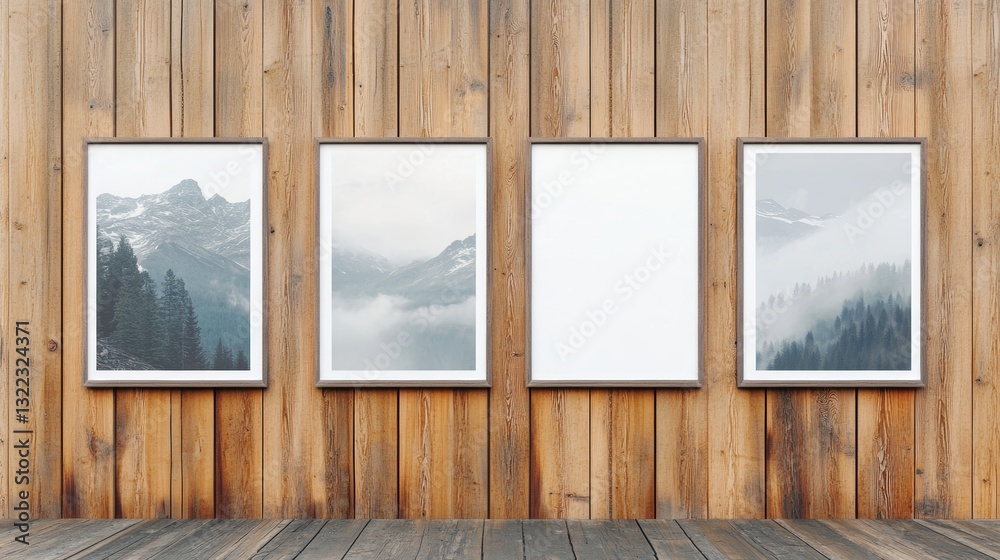 Fototapeta premium Two blank posters on wooden wall, modern style, mountain background. Concept of design and advertising. 3D Rendering