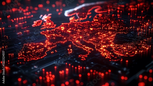 Conceptual digital map depicting cyber war on Europe with red alert security warnings and network threats