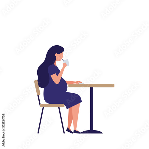 Pregnant woman enjoying a cup of tea in minimal vector illustration