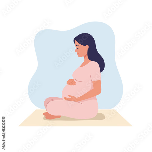 Pregnant woman sitting in peaceful pose with flat design vector illustration
