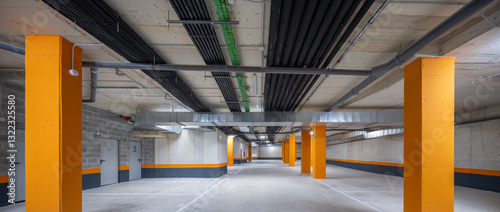 Bright orange pillars in a modern parking garage