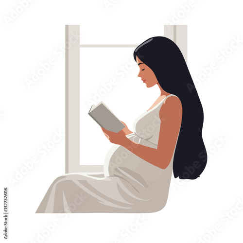 Pregnant woman reading book in minimal flat design vector art