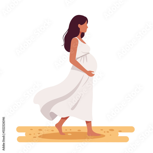 Pregnant woman walking gracefully in flowing dress, minimal flat design vector illustration