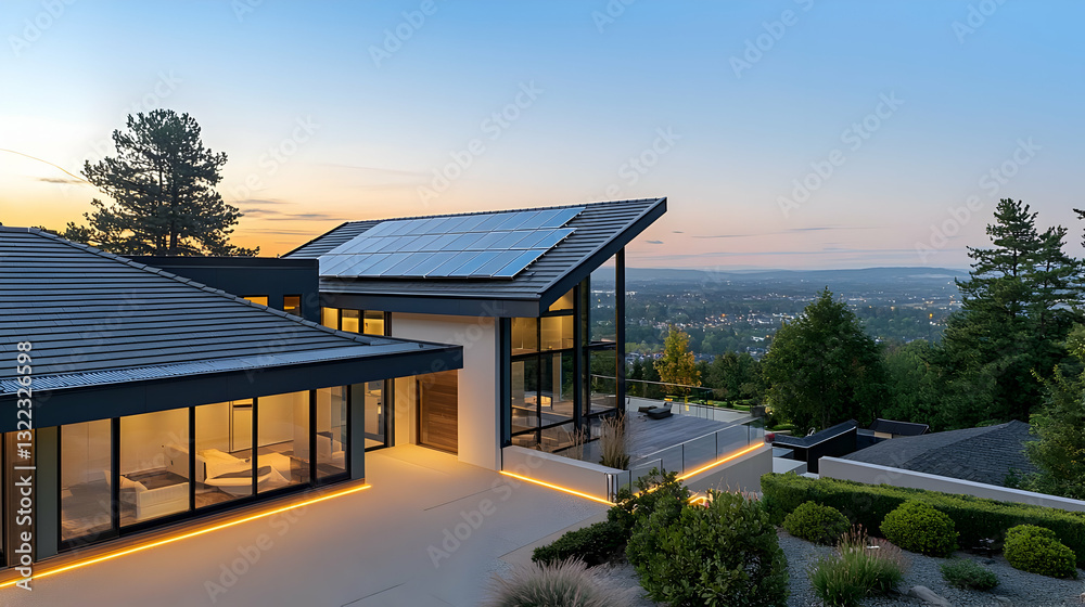Obraz premium Modern Sustainable Architecture Exterior Illuminated House with Solar Panels Overlooking City at Sunset