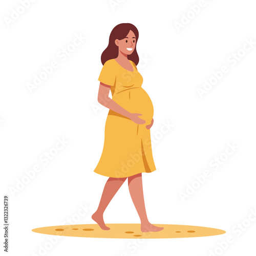 Pregnant woman in yellow dress walking with a smile in flat vector art