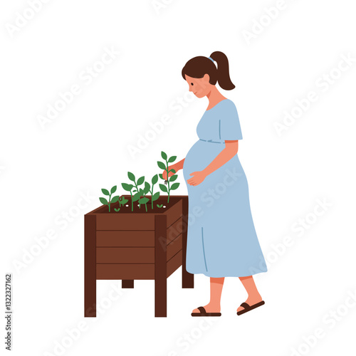 Pregnant woman tending to small garden in minimal flat design vector art