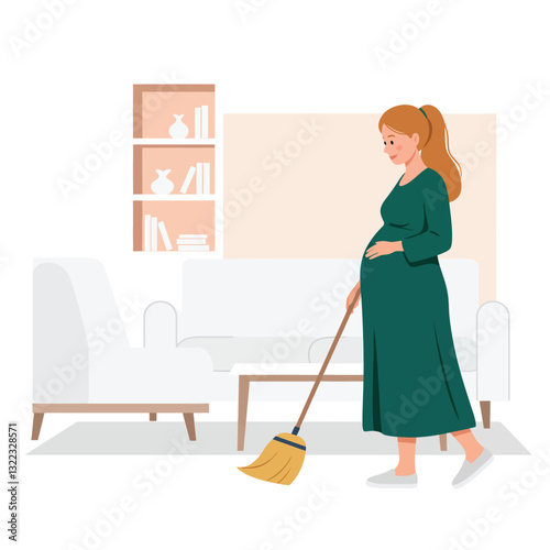 Pregnant woman cleaning home in flat design vector art