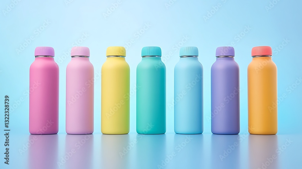 Row of colorful insulated water bottles Row of colorful insulated water bottles