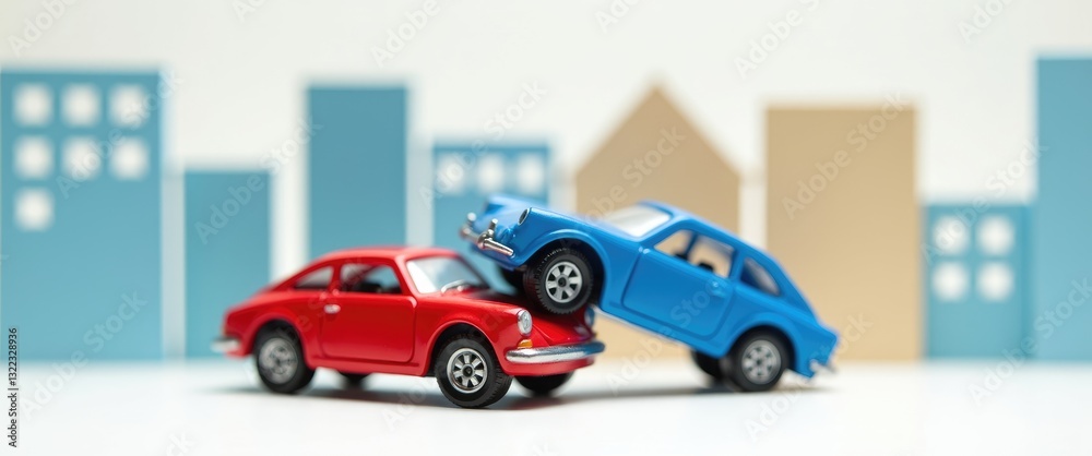Model toy car accident featuring a paper city set against a white background.