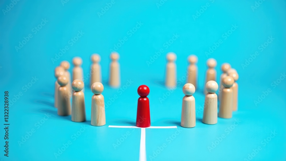Obraz premium Mediator divides two opposing groups with a white line. Conflict resolution through negotiations. Dispute de-escalation. Establishing a truce, concluding confrontation.