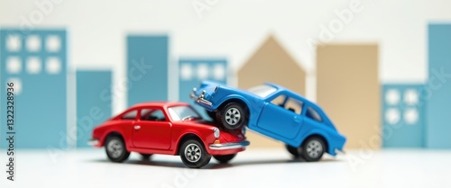 Obraz na płótnie Model toy car accident featuring a paper city set against a white background. w salonie
