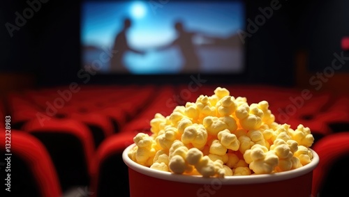 Movies and popcorn. Popcorn at the cinema. Concept of a family film night. Entertainment on screen, whether action or romantic comedy. Dark theater featuring red seats. Salty snack in a bucket or b... photo