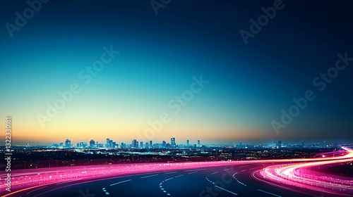 Blurred Pink and Purple City Lights in Motion at Dusk with Blue Dark Skyline in Background Panoramic View