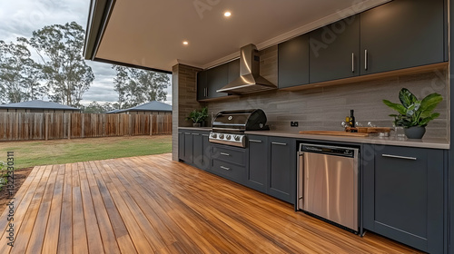 Outdoor kitchen with modern design and wooden deck.  Spacious and stylish alfresco dining area