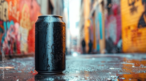 A sleek black soda can, its surface streaked with white, stood out amidst a vibrant, chaotic urban backdrop.