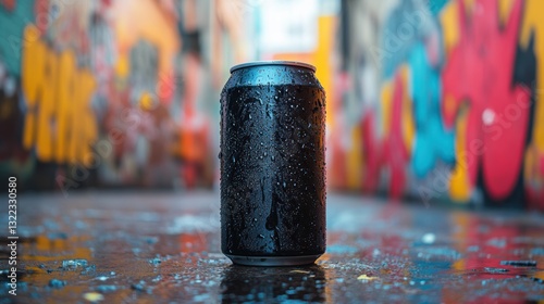 A sleek black soda can, its surface streaked with white, stood out amidst a vibrant, chaotic urban backdrop.