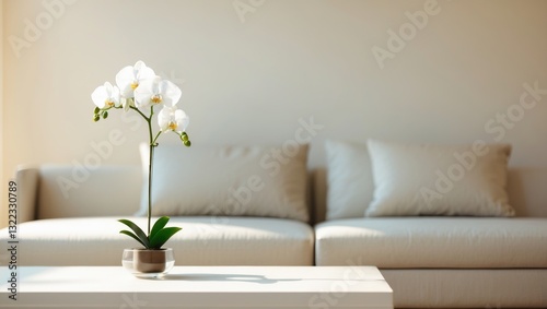 Mockup of a contemporary living room featuring a cozy couch and a potted flower on the table.