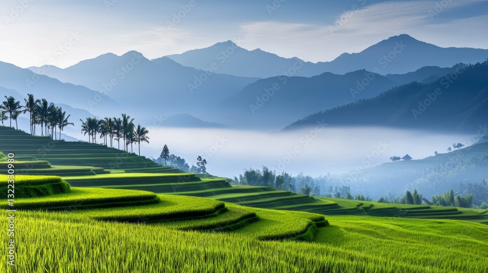 Fototapeta premium Lush Green Terraced Rice Fields Under Misty Mountains at Sunrise with Palm Trees in Background