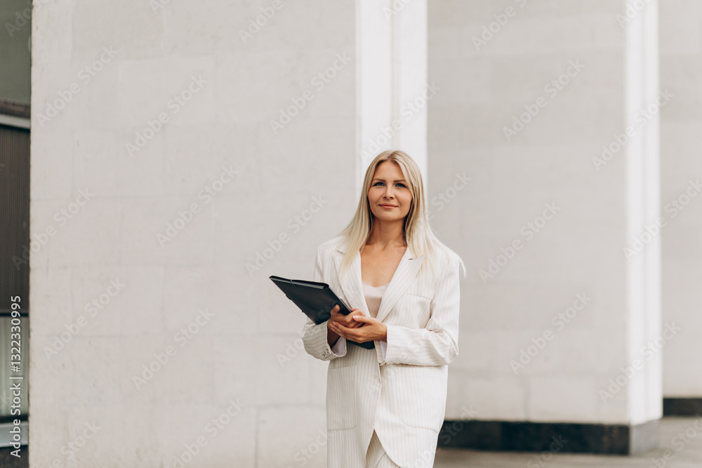 Professional woman in white suit holding a folder outdoors Professional woman in white suit holding a folder outdoors