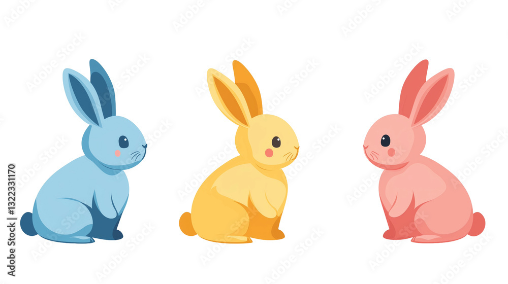 Fototapeta premium Illustration, set of Flat design, cute Easter bunny with bold colors, smooth curves, and stylish simplicity, contemporary vector art, isolated on transparent background. Design element for easter card