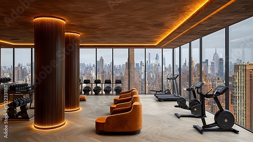 Modern penthouse gym with city view photo