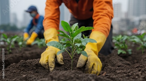 Volunteers planting trees in polluted urban area for sustainable living