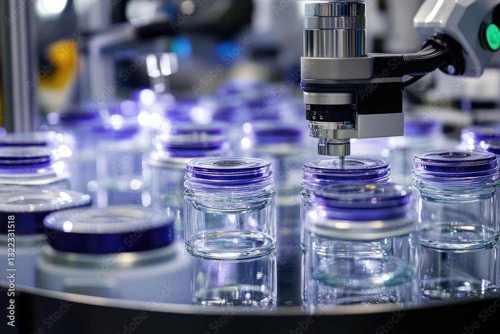 Automated Production Line: Robotic Arm Precision Assembling Glass Jars Automated Production Line: Robotic Arm Precision Assembling Glass Jars