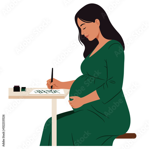 Pregnant woman writing notes in minimal flat vector illustration style vector art