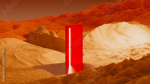 Red door stands in a surreal landscape