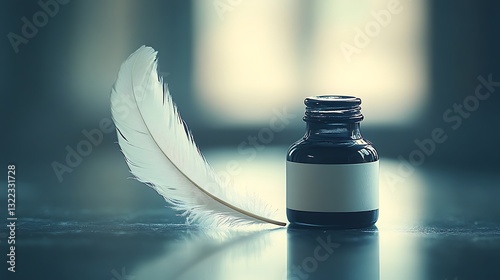 Gentle quill pen poised above reflective ink creating a calming white-toned scene