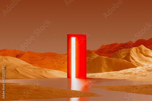 Red door stands in a surreal landscape