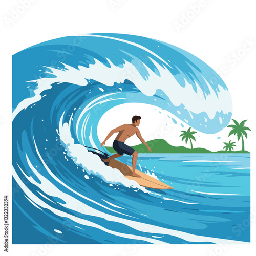 Surfer riding powerful wave in vibrant colors flat vector illustration