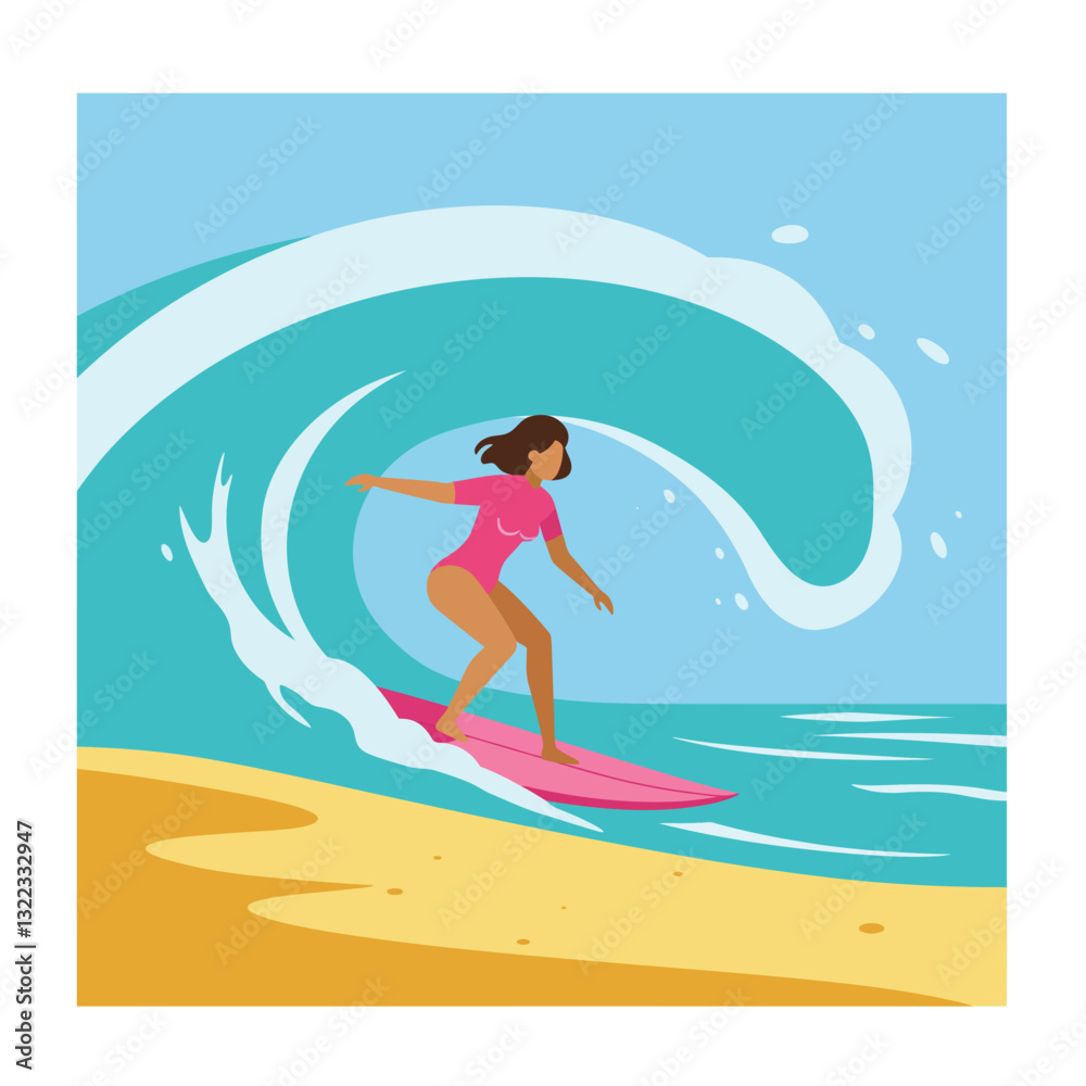 Surfer riding a wave in vibrant colors with minimal design vector art Surfer riding a wave in vibrant colors with minimal design vector art