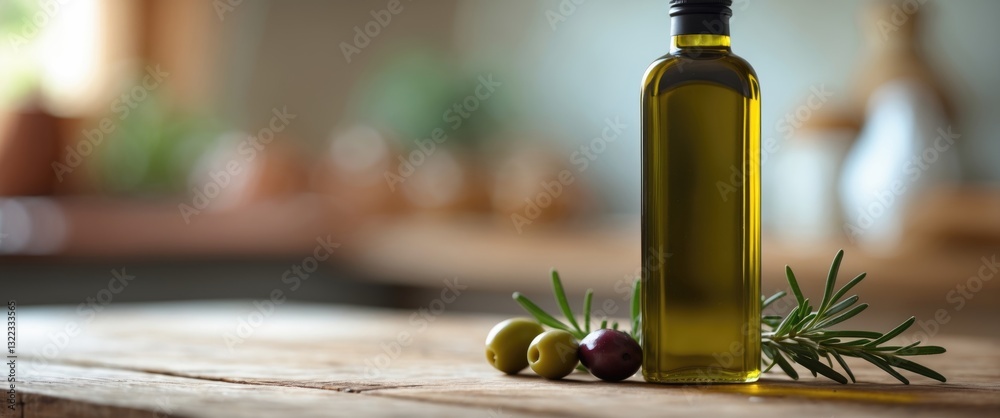 Olive oil bottle placed on a wooden surface alongside fresh olives and rosemary.