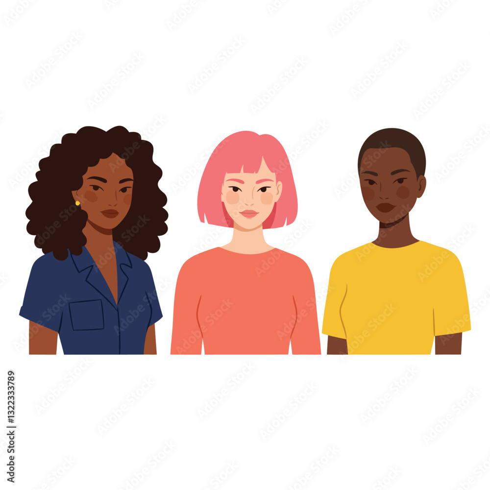 Three diverse women showcasing unique hairstyles in flat vector illustration style Three diverse women showcasing unique hairstyles in flat vector illustration style