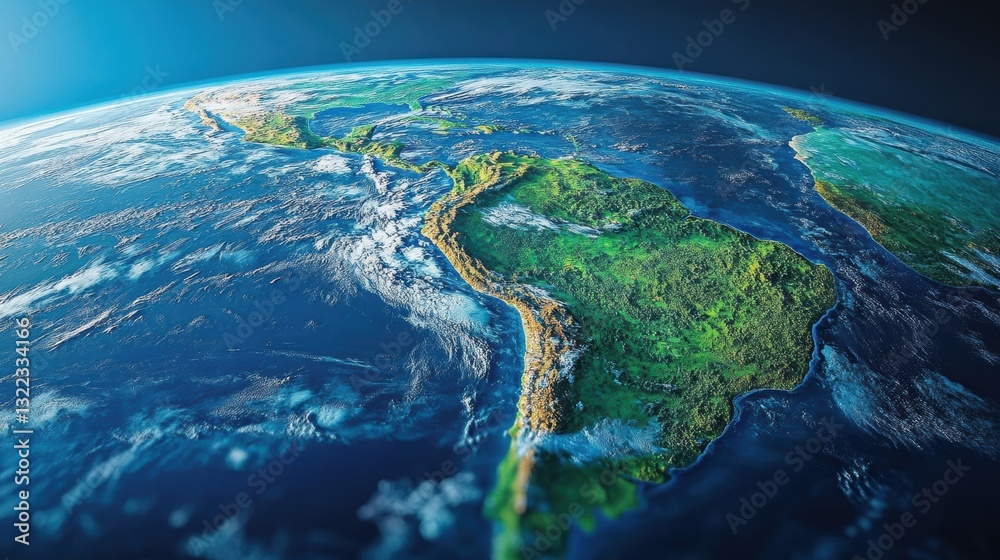 Fototapeta premium A 3D model of the Earth reveals the vibrant tapestry of South America from a bird-eye view, showcasing its diverse geography and rich cultures.