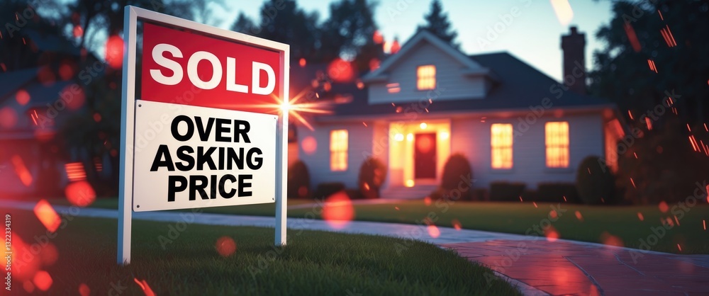 New sign indicating sold above asking price positioned in front of a detached house. Real estate bubble, crash, hot housing market, overpriced property, buyer activity concept. Selective focus.
