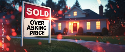 Obraz na płótnie New sign indicating sold above asking price positioned in front of a detached house. Real estate bubble, crash, hot housing market, overpriced property, buyer activity concept. Selective focus. w salonie