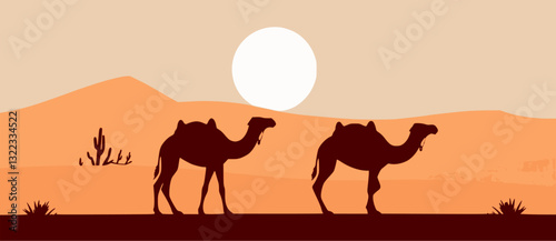 Outline illustration of a desert with camels minimal adventure travel vector design.