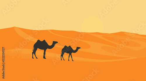 Outline illustration of a desert with camels minimal adventure travel vector design.
